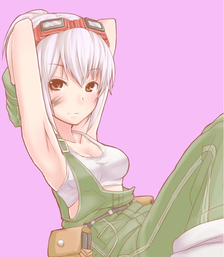 1girl, armpits, arms_behind_head, belt, belt_pouch, blush, breasts, brown_eyes
