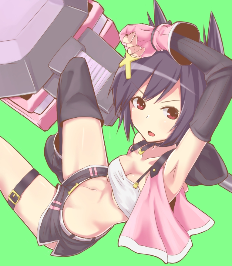 1girl, arm_up, armpits, black_hair, black_legwear, boots, breasts, cleavage