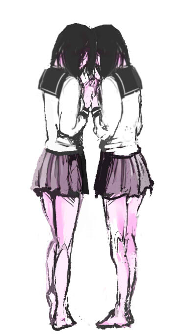 2girls, barefoot, black_hair, from_behind, head_to_head, holding_hands, multiple_girls, no_shoes