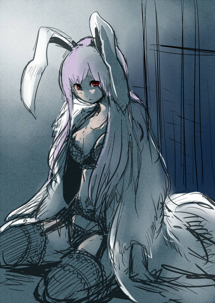 1girl, animal_ears, bra, breasts, cleavage, coat, garter_belt, indoors, lace-trimmed_bra, lace-trimmed_stockings, lace_trim, lighting, lingerie, night, panties, purple_hair, rabbit_ears, red_eyes, reisen_udongein_inaba, sakurai_(77777), sideboob, sitting, sketch, solo, thighhighs, touhou, underwear