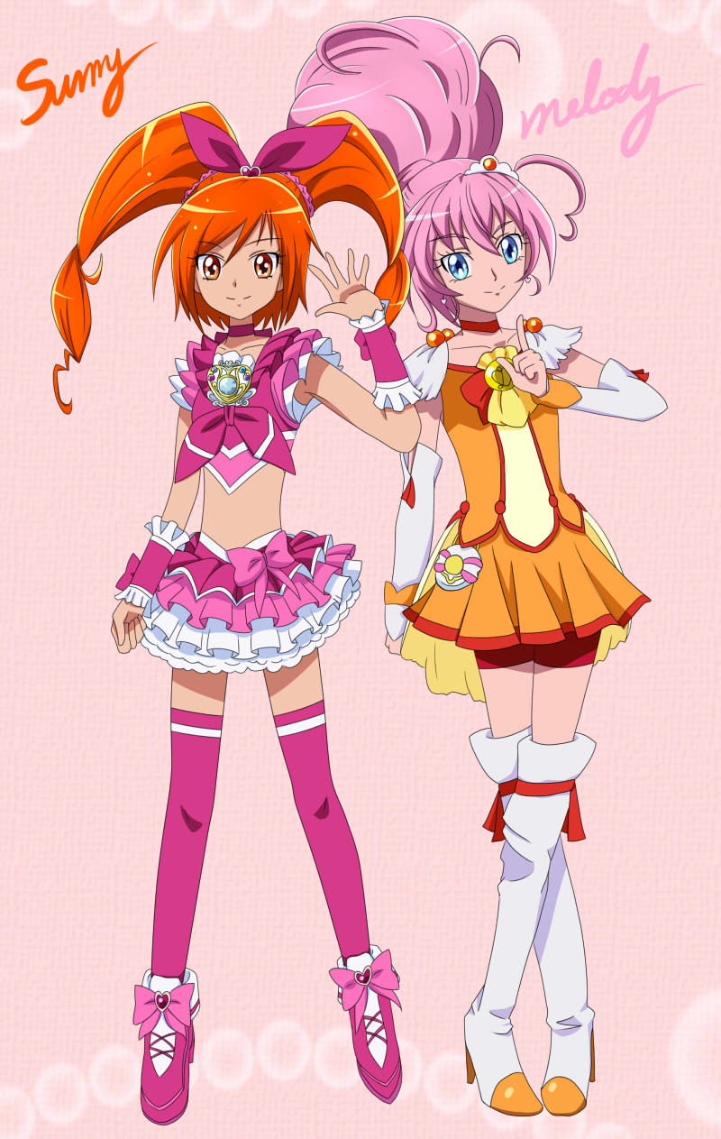 2girls, alternate_costume, cosplay, costume_switch, cure_melody, cure_melody_(cosplay), cure_sunny, cure_sunny_(cosplay)