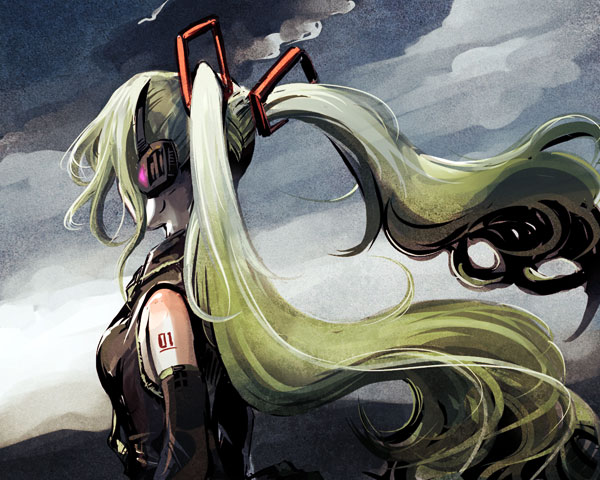 1girl, clouds, cloudy_sky, detached_sleeves, facing_away, from_side, grainy, green_hair