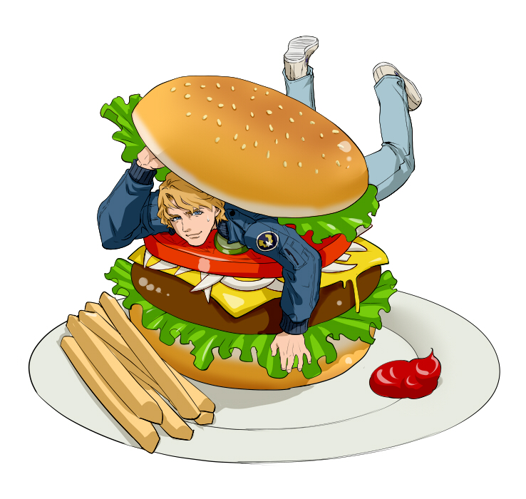 1boy, blonde_hair, blue_eyes, blue_jacket, bomber_jacket, food, french_fries, hamburger