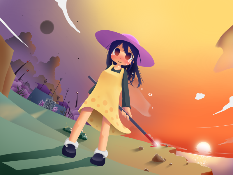 1girl, andou_natsumi, cliff, clouds, color_gradient, crowbar, gate, gradient