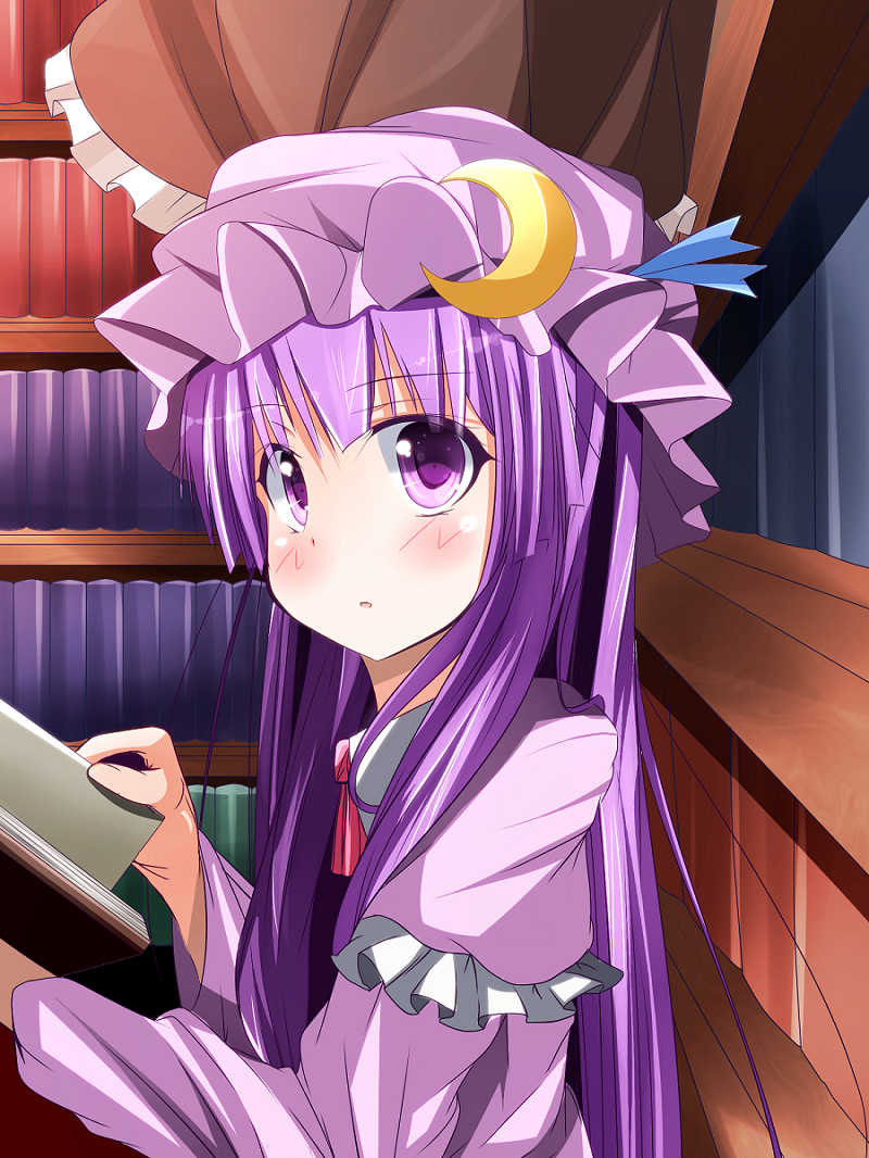 1girl, book, bookshelf, bust, crescent, ehimedaisuki, hat, library