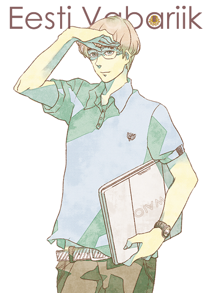 axis_powers_hetalia, belt, blue_eyes, brown_hair, cel_shading, computer, estonia_(hetalia), glasses, hakushi, laptop, male, shading_eyes, simple_background, solo, watch, wristwatch