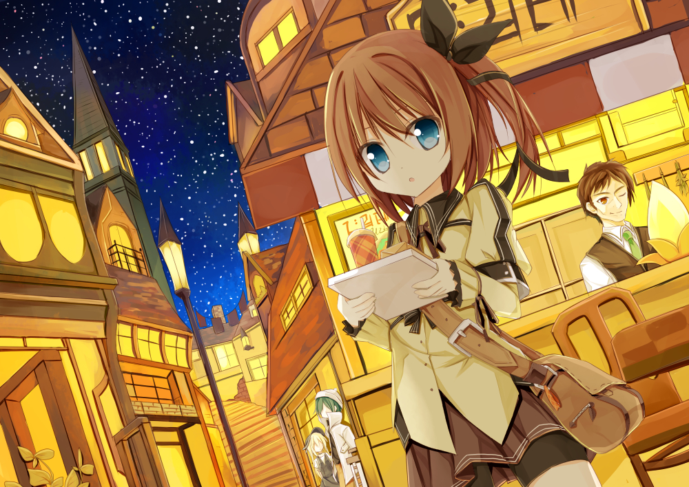 2boys, 2girls, bag, blonde_hair, blue_eyes, brown_eyes, brown_hair, building