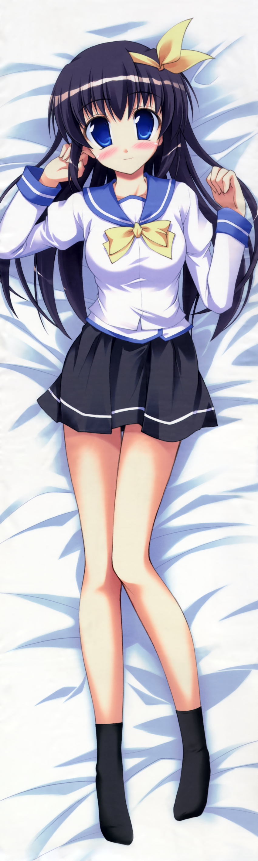 1girl, absurdres, black_hair, blue_eyes, blush, dakimakura, highres, himehagi_sakumi, huge_filesize, legs, onsokuzekuu, school_uniform, secret_game, skirt, tagme