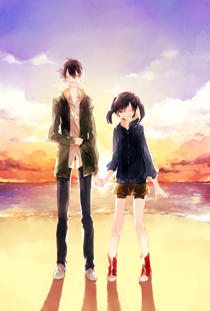 1boy, 1girl, beach, closed_eyes, couple, ene_(kagerou_project), happy, haruu_shun, hetero, highres, holding_hands, kagerou_project, konoha_(kagerou_project), long_hair, short_hair, smile, twintails