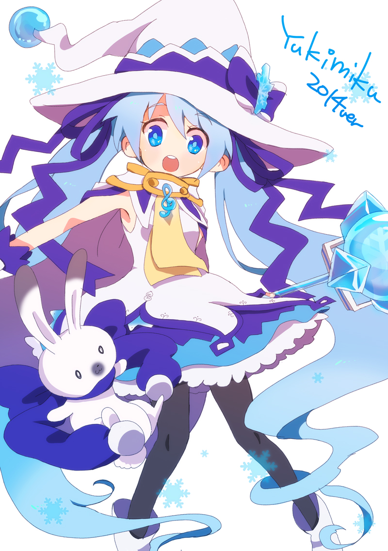 1girl, blue_eyes, blue_hair, cape, character_name, hat, hatsune_miku, long_hair