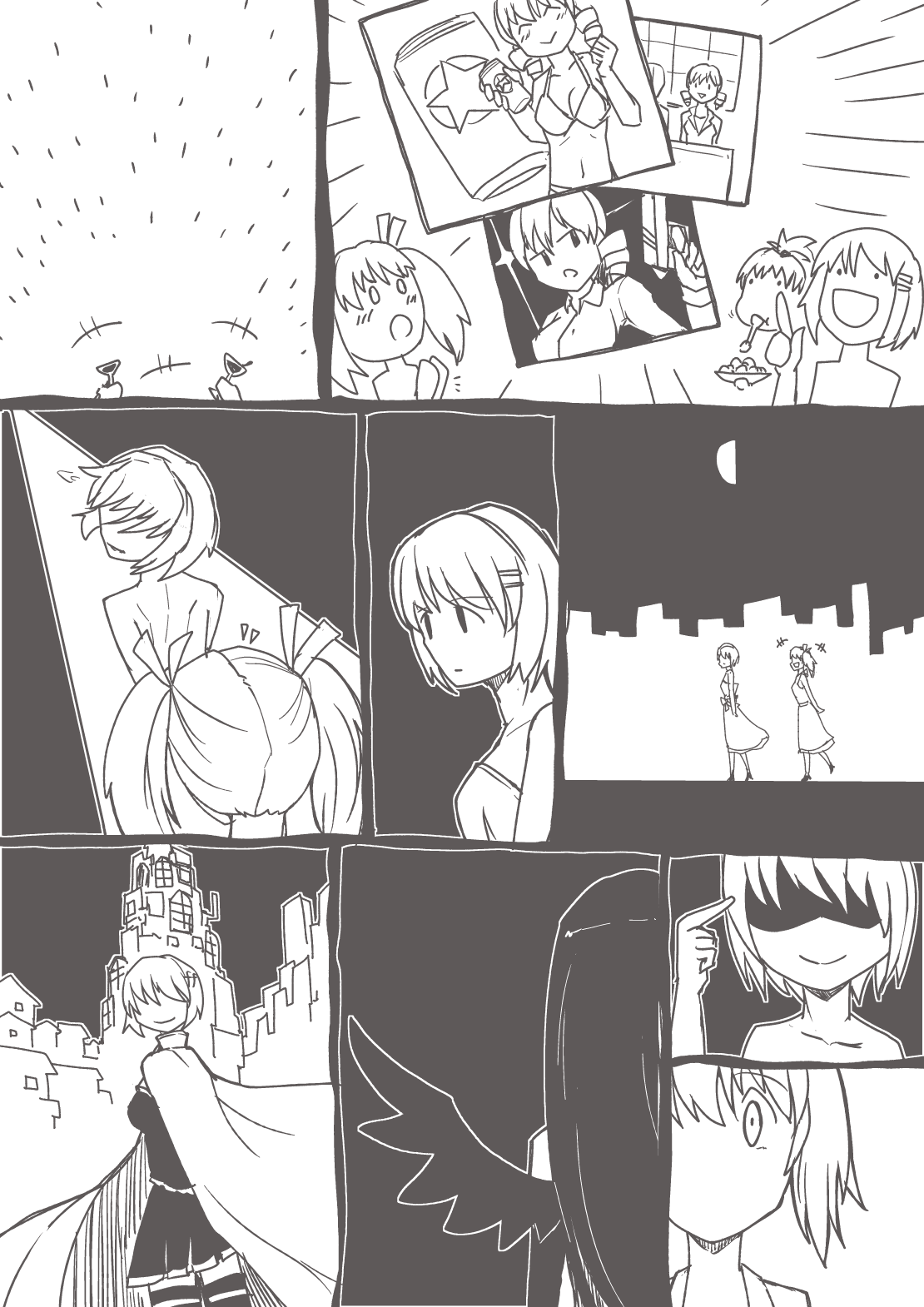 akemi_homura, akuma_homura, cape, comic, cup, dress, drill_hair, finger_to_head