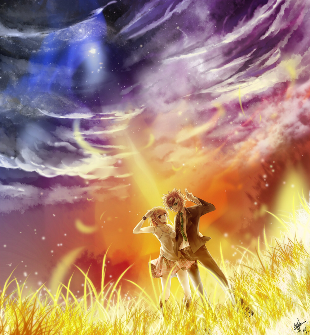 blonde_hair, fairy_tail, grass, loke_(fairy_tail), loki, lucy_heartfilia, lucy_heartphilia, sky