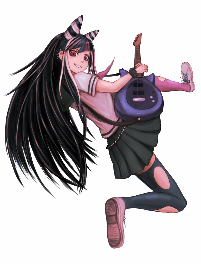 1girl, black_hair, dangan_ronpa, guitar, instrument, long_hair, mioda_ibuki, multicolored_hair, nicorosberg07, open_mouth, piercing, pink_hair, red_eyes, school_uniform, serafuku, skirt, solo, super_dangan_ronpa_2, thighhighs