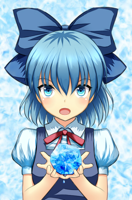 1girl, blue_background, blue_eyes, blue_hair, bow, bust, cirno, gin_fuaru