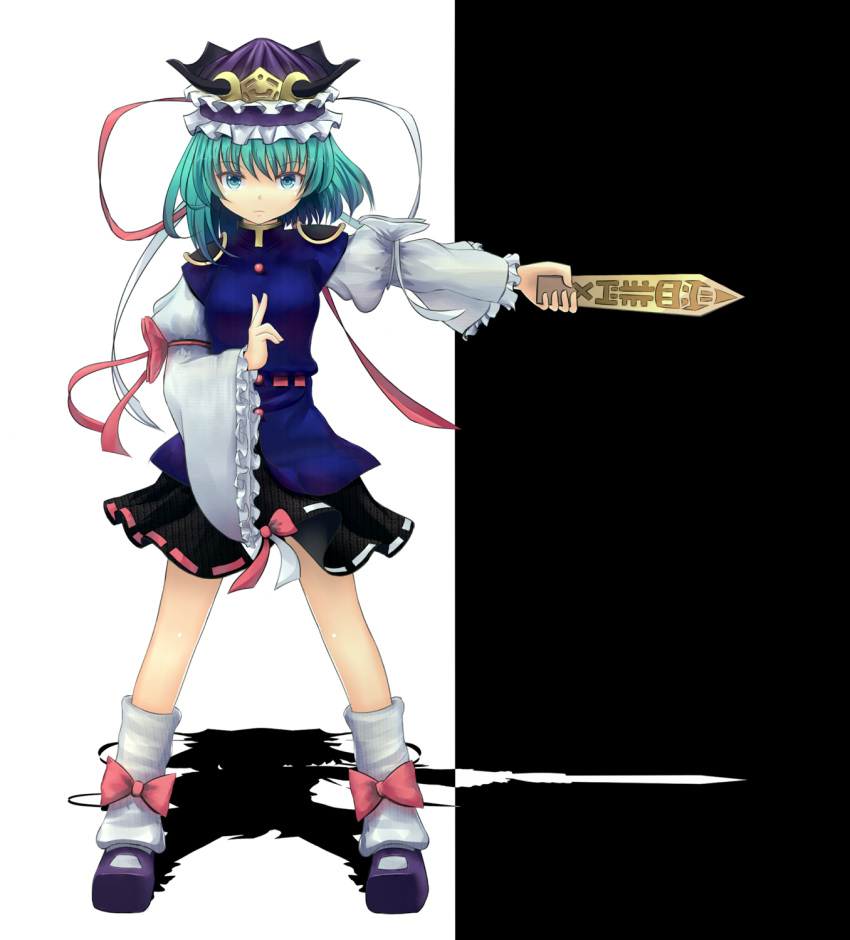 1girl, blue_eyes, epaulettes, gin_fuaru, green_hair, hat, hat_ornament, hat_ribbon