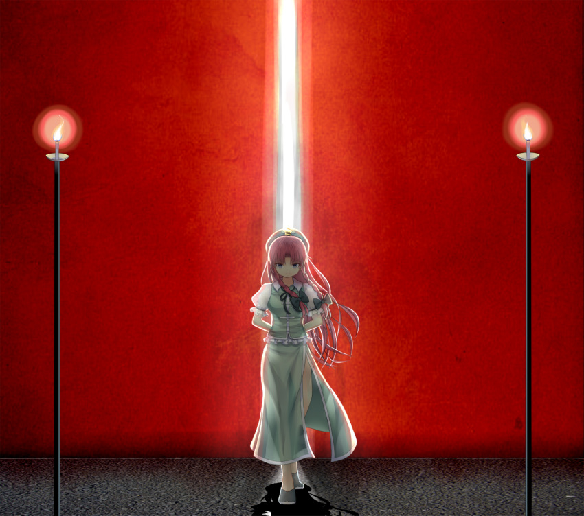 1girl, arms_behind_back, bow, braid, candle, candlestand, expressionless, gin_fuaru