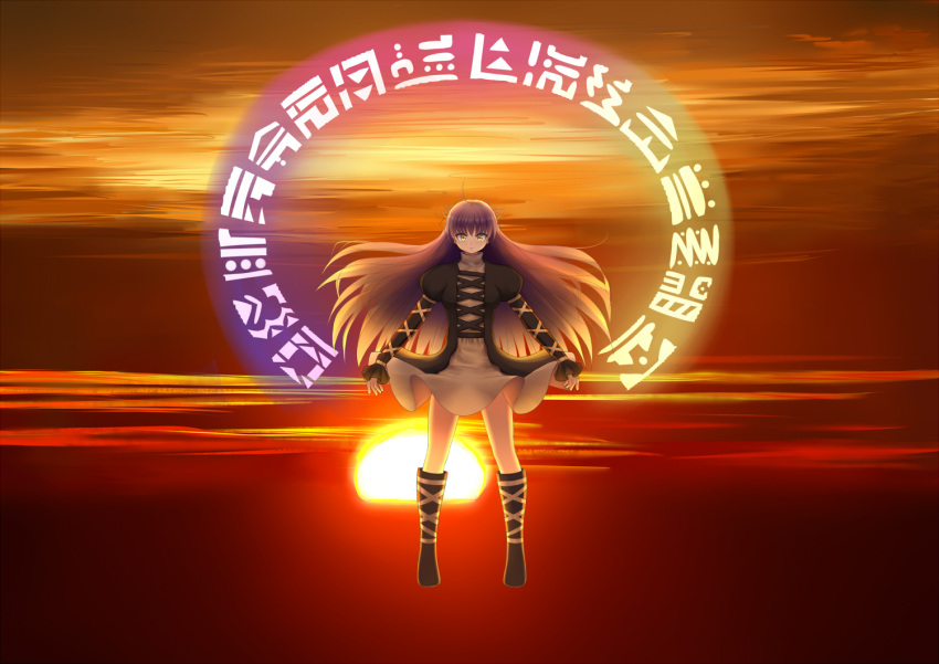 1girl, ahoge, boots, clouds, expressionless, flying, gin_fuaru, gradient_hair