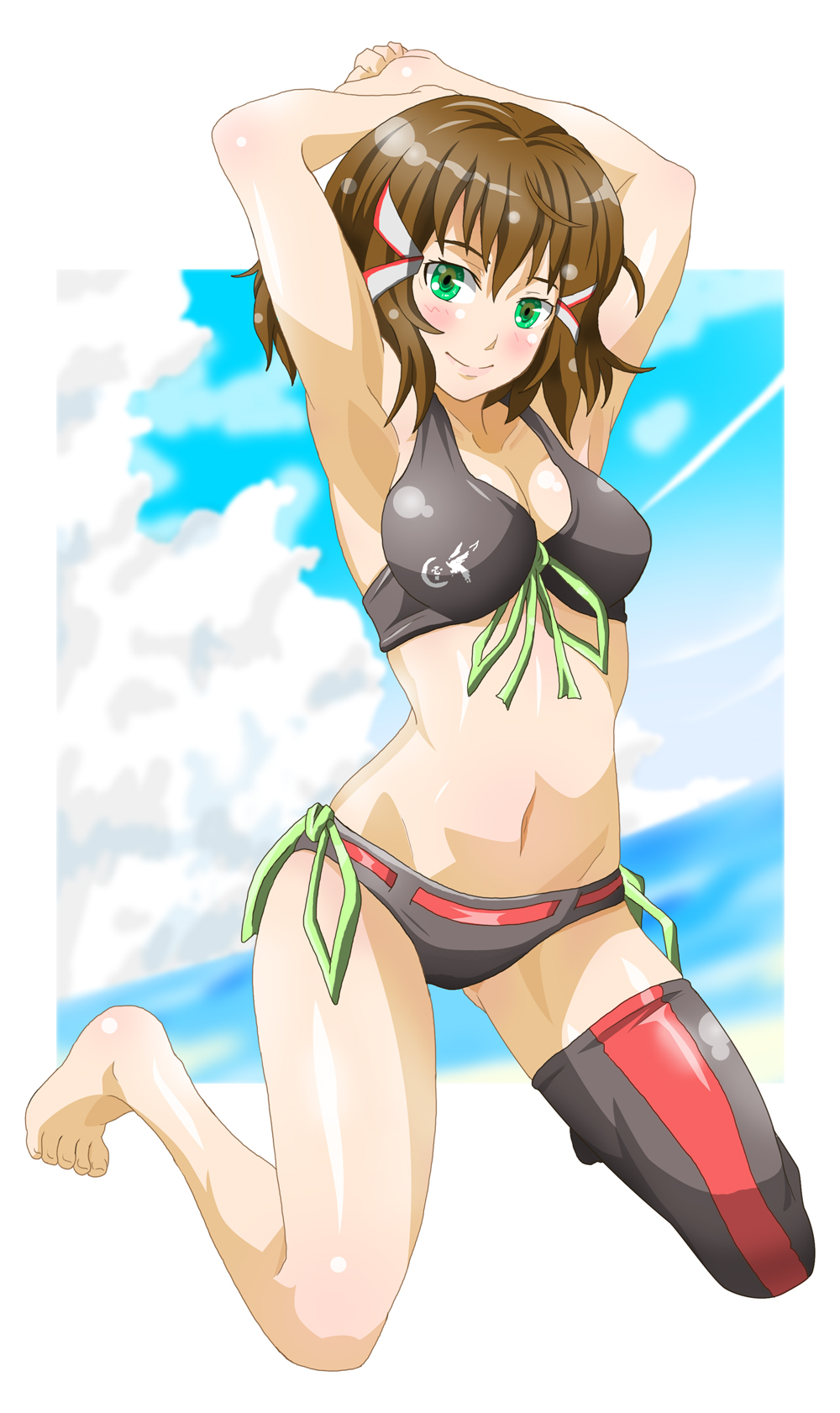1girl, arms_up, barefoot, bikini, black_legwear, breasts, brown_hair, green_eyes
