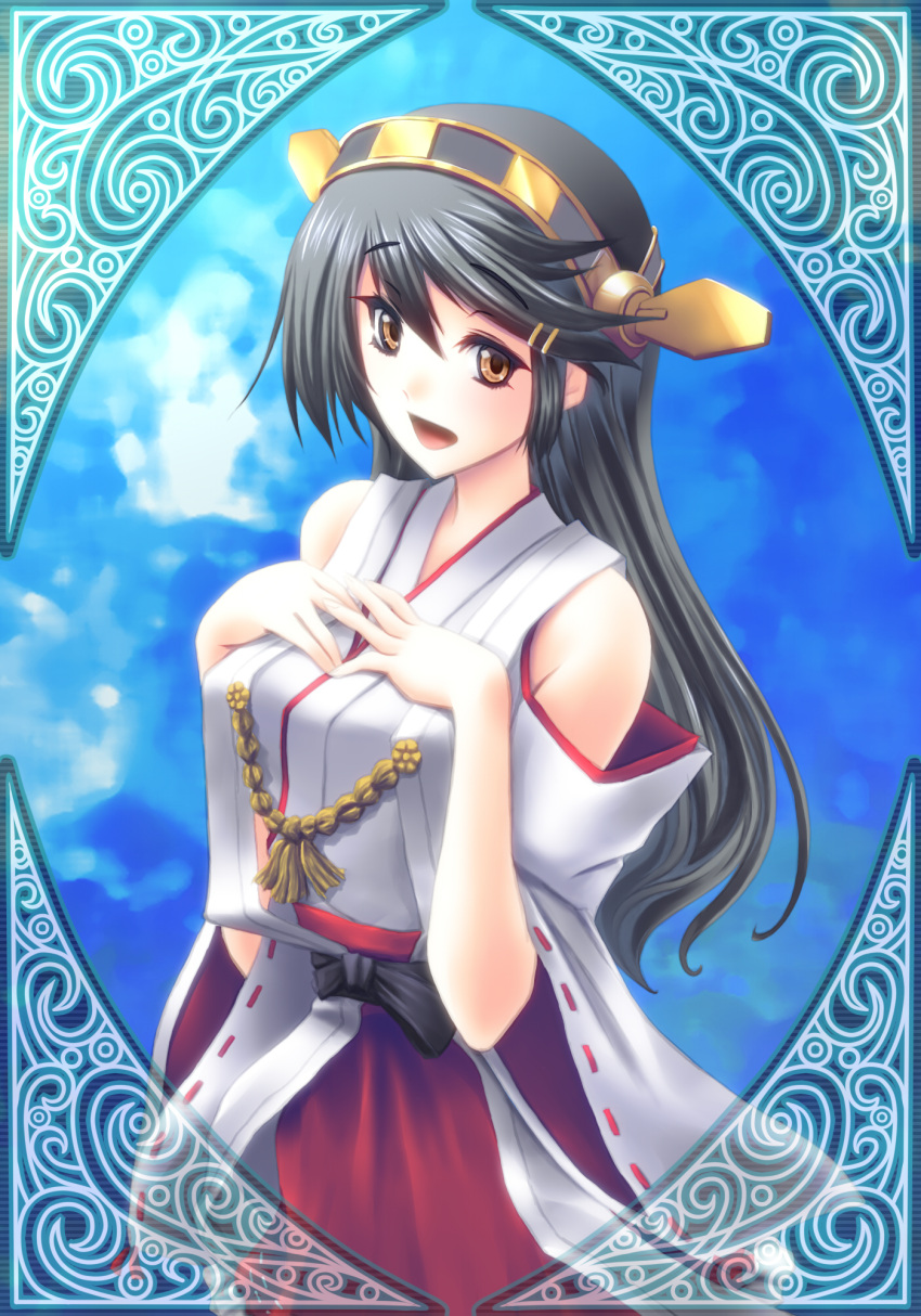 1girl, aoki_chibe, bare_shoulders, black_hair, blush, breasts, detached_sleeves, hairband