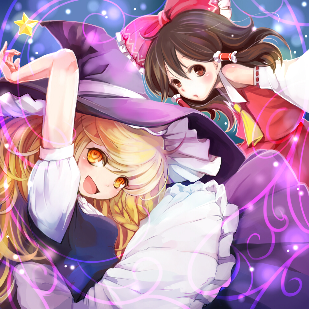 2girls, arie9, blonde_hair, hakurei_reimu, hat, kirisame_marisa, multiple_girls, star