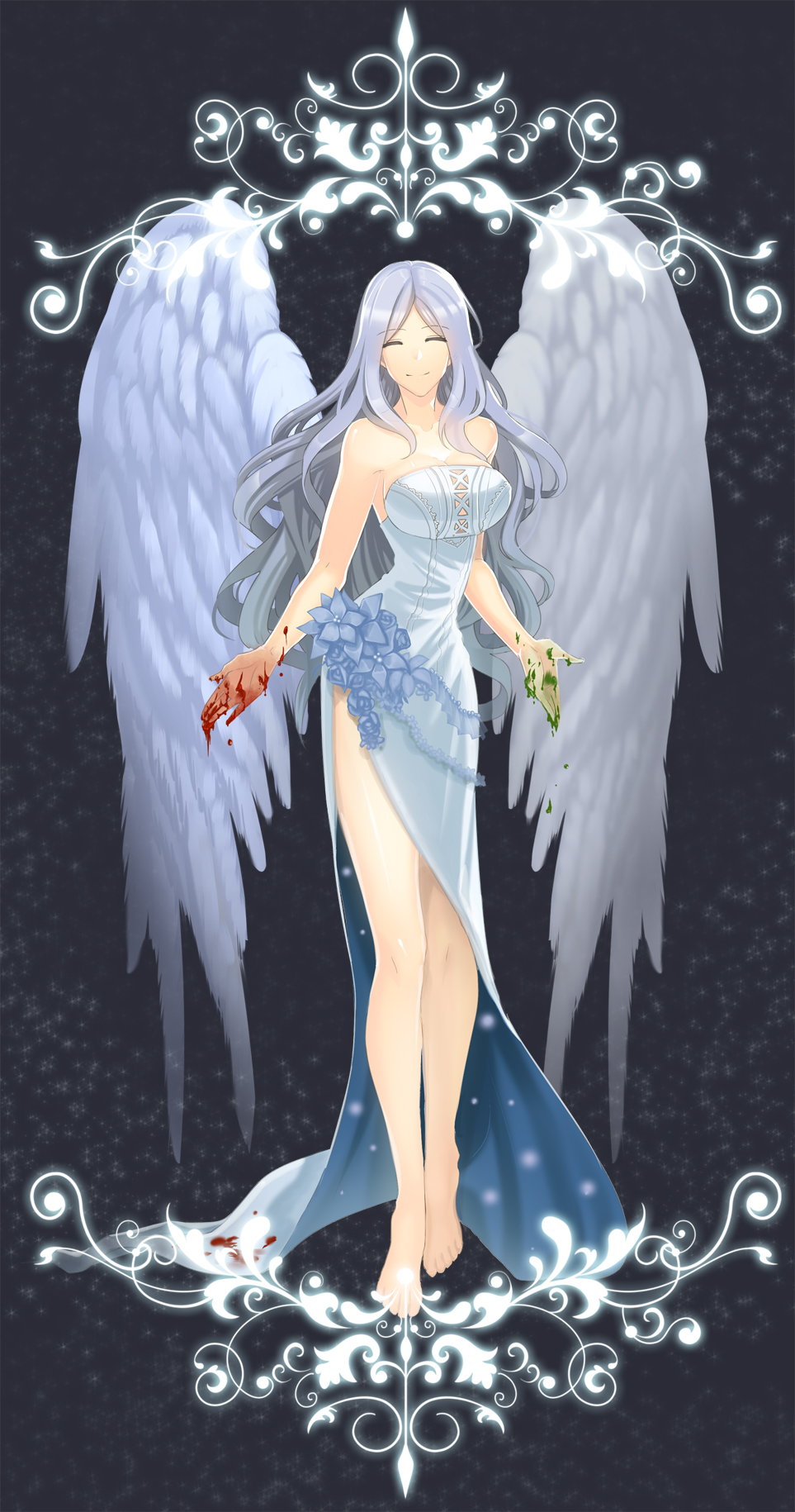 1girl, angel_wings, bare_shoulders, barefoot, belinda, blood, blood_stain, breasts, cleavage, closed_eyes, dress, highres, ktsis, large_breasts, long_hair, smile, solo, unlight, wings