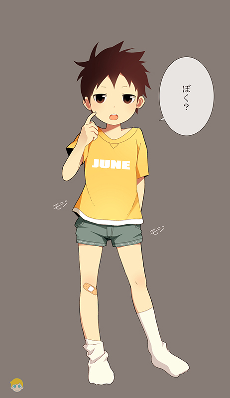 1boy, bandaid, brown_eyes, brown_hair, looking_at_viewer, male, mauveboy, open_mouth