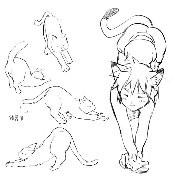 1boy, animal_ears, cat, cat_ears, cat_tail, closed_eyes, hands, monochrome, multiple_views, neko_otouto, original, paws, pointy_hair, rand_(artist), shorts, simple_background, sketch, stretch, tail, translation_request, wavy_mouth, white_background
