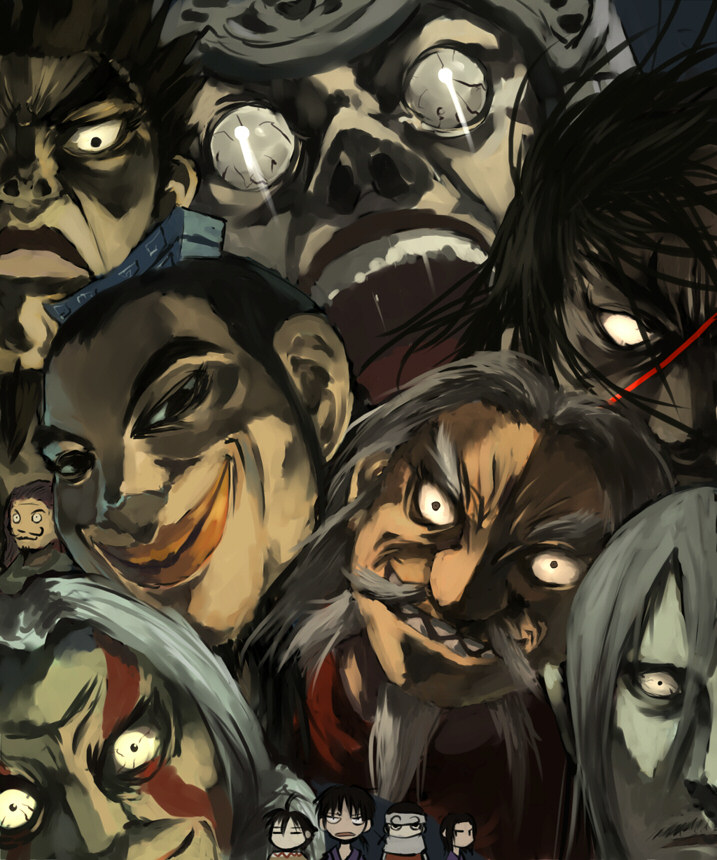 beard, black_hair, duke_hyou, facepaint, facial_hair, gokei_(kingdom), grey_hair, hakuki_(kingdom)