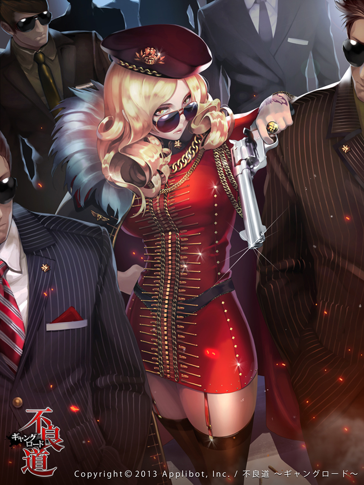 1girl, 6+boys, beret, black_hair, black_legwear, blonde_hair, bodyguard, character_request, formal, garter_straps, gun, hat, jewelry, lips, long_hair, multiple_boys, necktie, open_mouth, revolver, ring, ruff, short_hair, sparkle, striped, striped_necktie, suit, sunglasses, tattoo, thighhighs, ukero, watermark, weapon, yellow_eyes