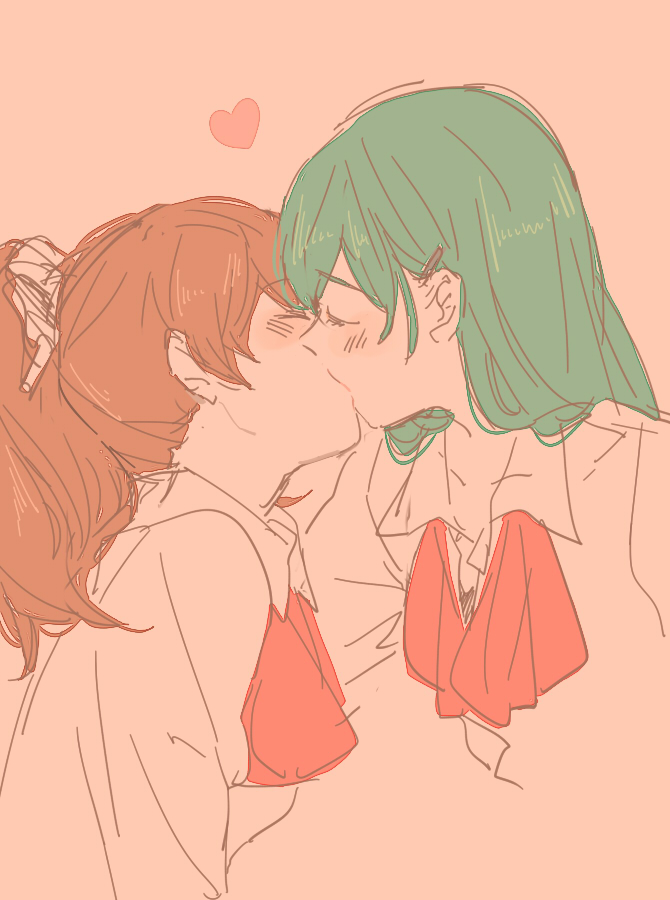2girls, aqua_hair, blush, brown_hair, closed_eyes, hair_ornament, hairclip, heart