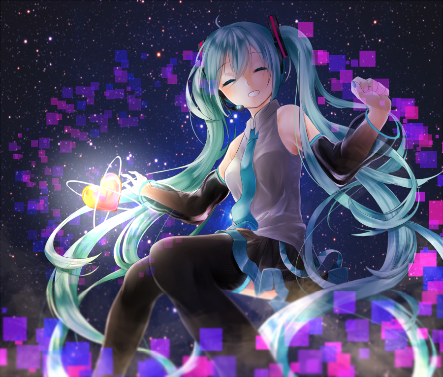1girl, aqua_hair, closed_eyes, detached_sleeves, grin, hatsune_miku, headset, heart, koko_1224, long_hair, nail_polish, necktie, see-through, skirt, smile, solo, thighhighs, twintails, very_long_hair, vocaloid