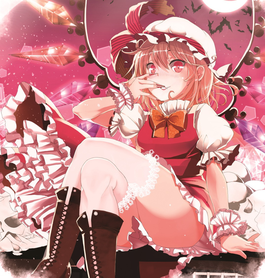 1girl, bat, blonde_hair, boots, cross-laced_footwear, crossed_legs, fang, flandre_scarlet