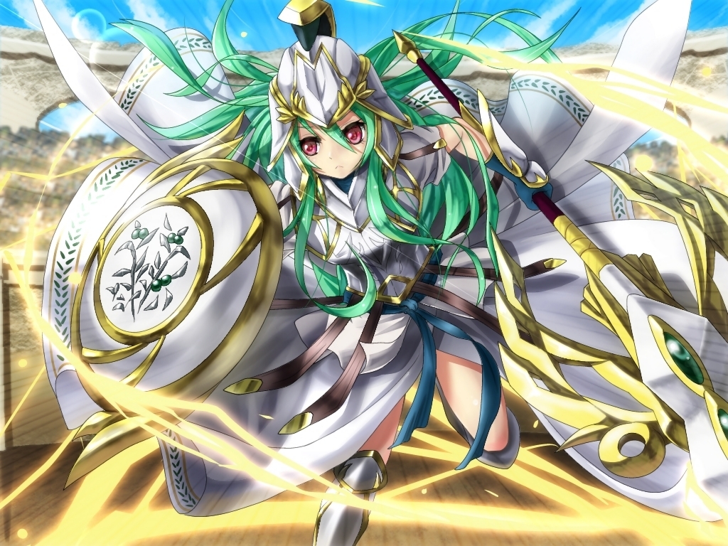 1girl, armor, armored_dress, athena_(p&amp;d), breastplate, green_hair, helmet, long_hair