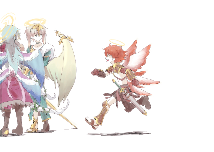 3boys, angel, archangel_gabriel_(p&amp;d), archangel_michael_(p&amp;d), archangel_uriel_(p&amp;d), blue_hair, brown_hair, glasses