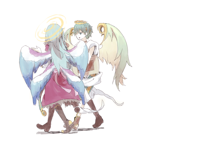 2boys, angel, archangel_gabriel_(p&amp;d), archangel_michael_(p&amp;d), blue_hair, green_eyes, green_hair, halo
