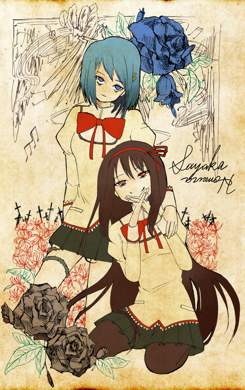 2girls, black_hair, black_rose, blue_eyes, blue_hair, blue_rose, evil_smile, flower