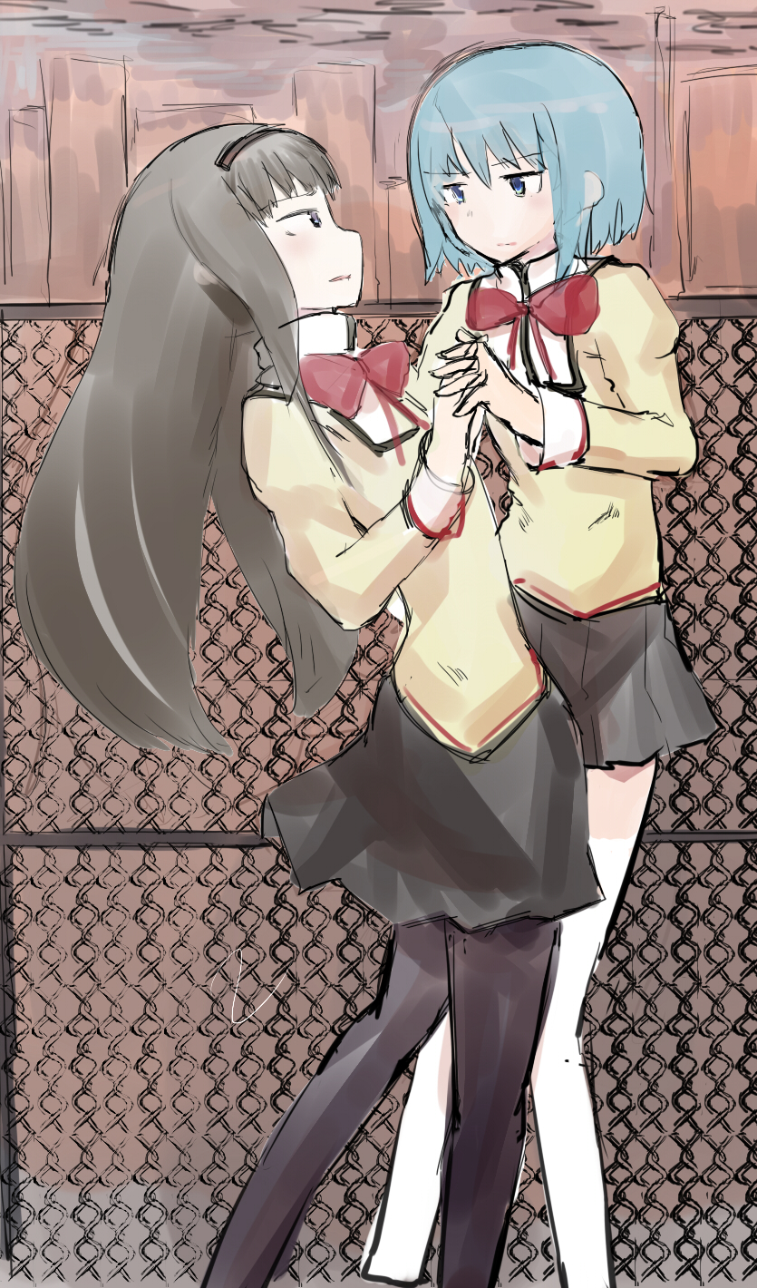 2girls, akemi_homura, black_hair, blue_eyes, blue_hair, chain-link_fence, dancing, hairband, highres, industry-it, long_hair, mahou_shoujo_madoka_magica, miki_sayaka, multiple_girls, pantyhose, school_uniform, short_hair, violet_eyes