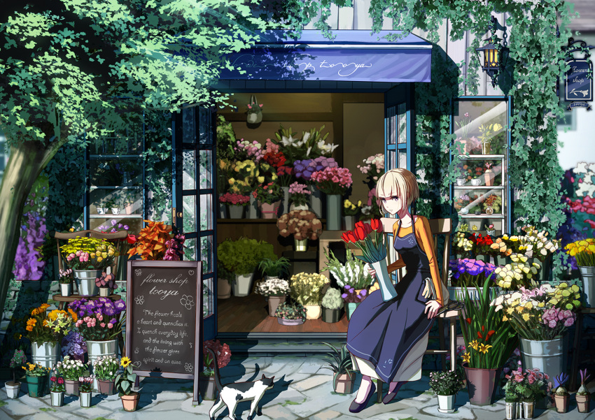 108tooya, 1girl, blonde_hair, cat, flower, flower_shop, original, plant