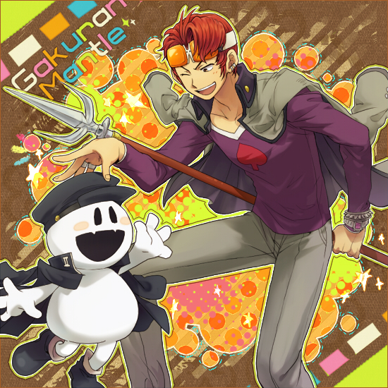 1boy, devil_summoner, glasses_on_head, hat, jacket_on_shoulders, persona, persona_1, polearm