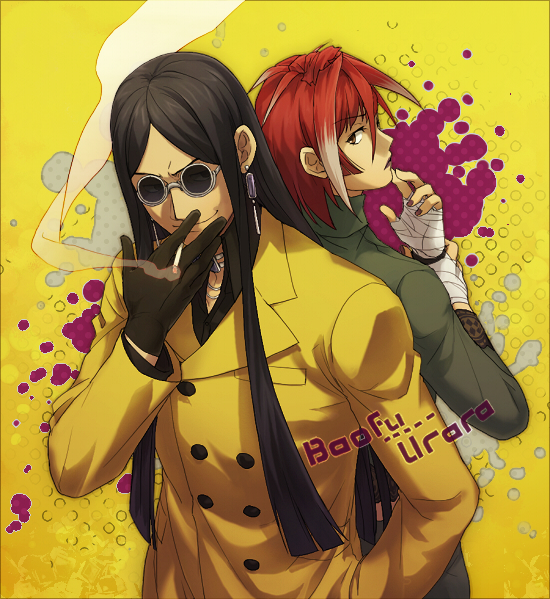 1boy, 1girl, back-to-back, baofu, black_gloves, black_hair, cigarette, gloves