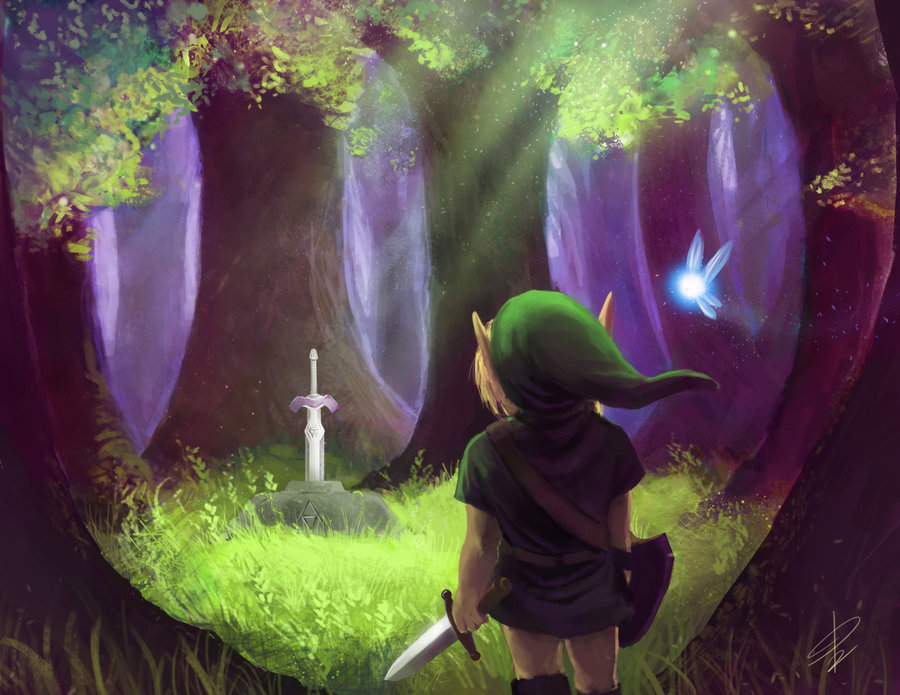 1boy, blonde_hair, fairy, forest, from_behind, grass, left-handed, link
