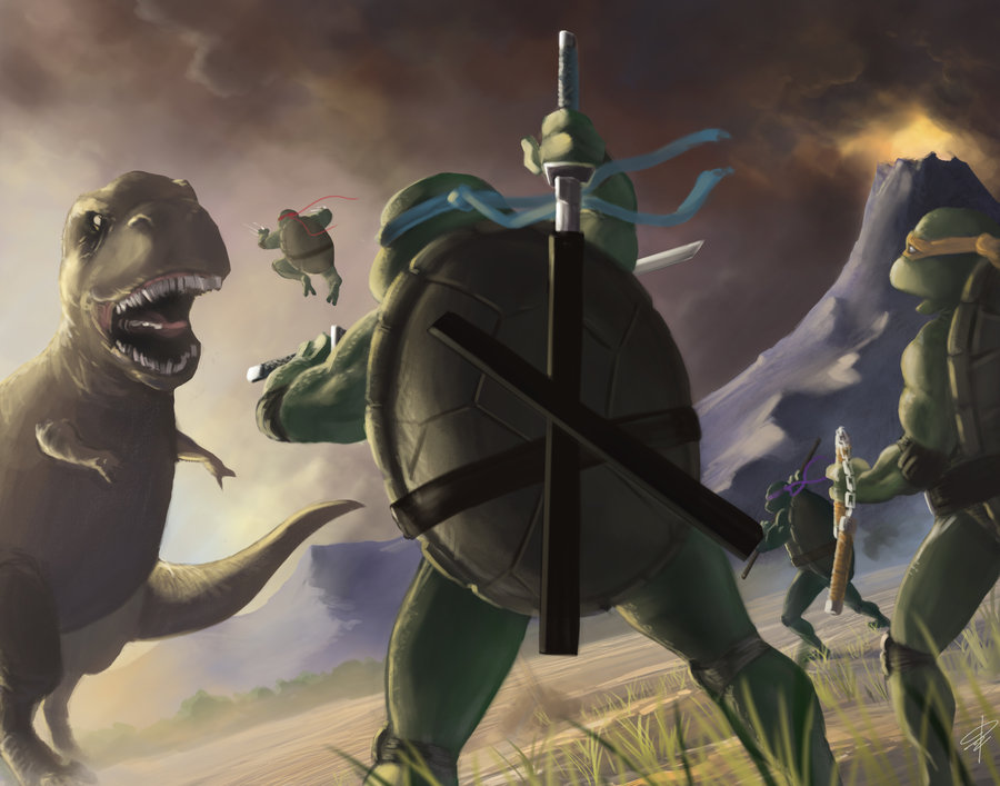 4boys, battle, dark_clouds, dinosaur, donatello, dual_wielding, elbow_pads, fighting_stance