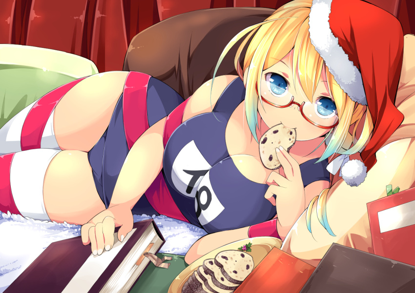 1girl, blonde_hair, blue_eyes, book, breasts, cleavage, cookie, eating
