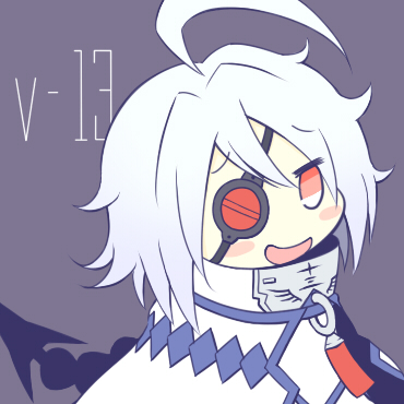 1girl, ahoge, blazblue, blush, cape, eyepatch, hair_weapon, lowres