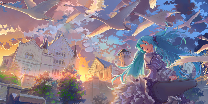 1girl, aqua_eyes, aqua_hair, bird, building, flock, frills, from_below