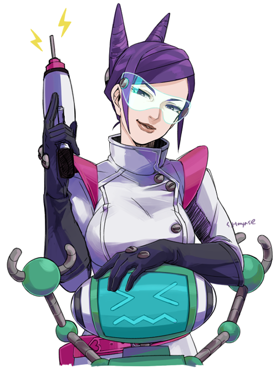 >_<, 1girl, double_bun, energy_gun, gloves, gyakuten_saiban, gyakuten_saiban_5, purple_hair