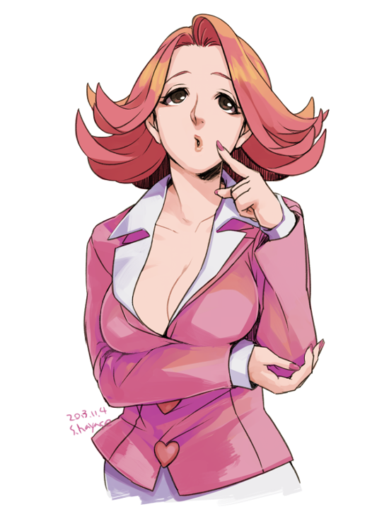 1girl, 2013, blazer, breasts, brown_eyes, cleavage, dated, flipped_hair, gyakuten_saiban, gyakuten_saiban_1, pink_hair, shochiku_umeyo, short_hair, solo, suzuki_hayase, white_background