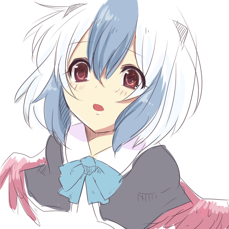 1girl, blue_hair, bust, multicolored_hair, r-ko_(rayla), red_eyes, short_hair, simple_background
