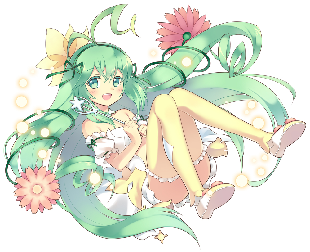 1girl, alraune_(p&amp;d), antenna_hair, aqua_eyes, aqua_hair, bare_shoulders, dress, flower