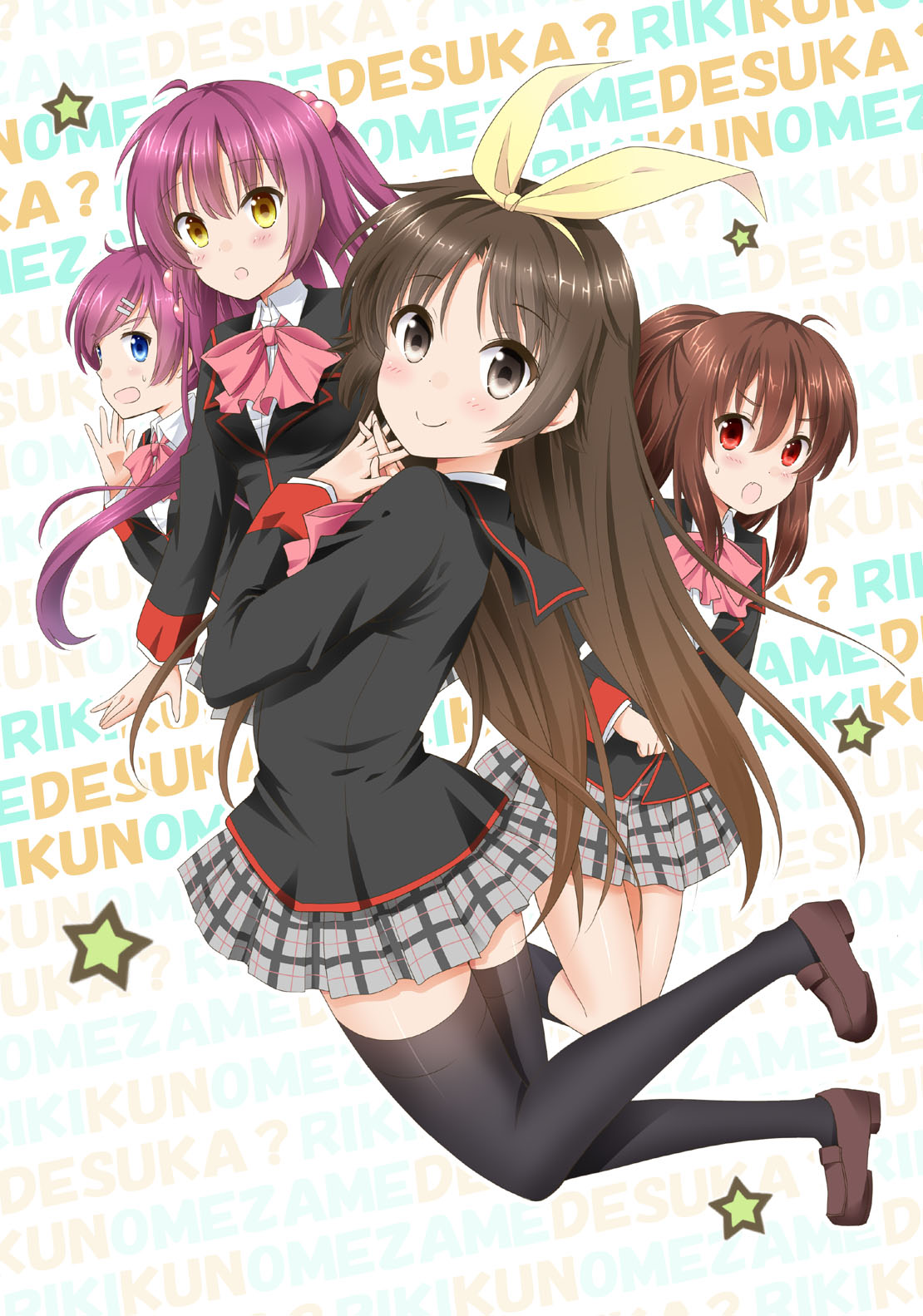 1boy, 3girls, black_eyes, black_hair, blue_eyes, brown_hair, futaki_kanata, highres